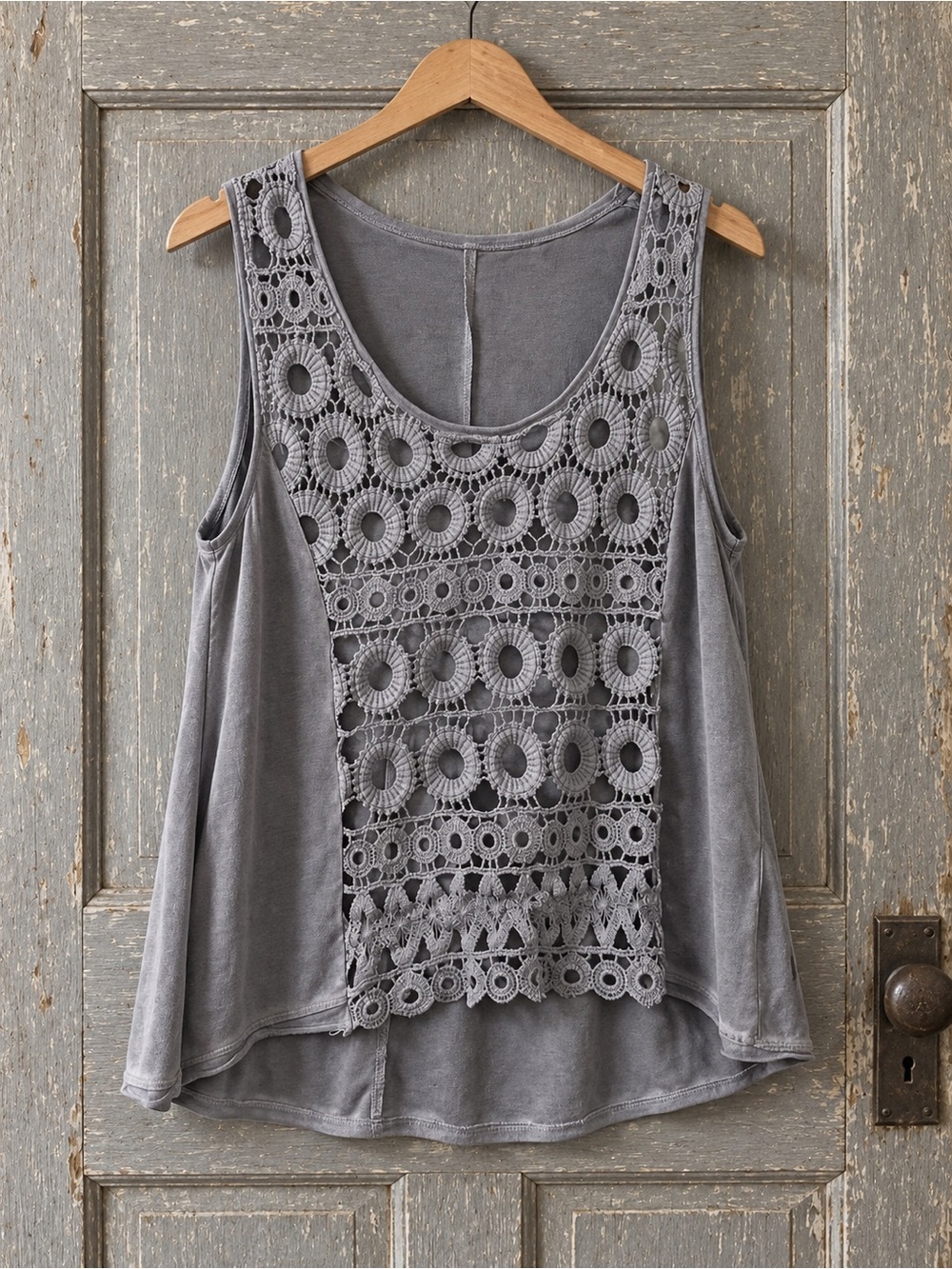 Sleeveless Crochet-Front Tank Top - Gray